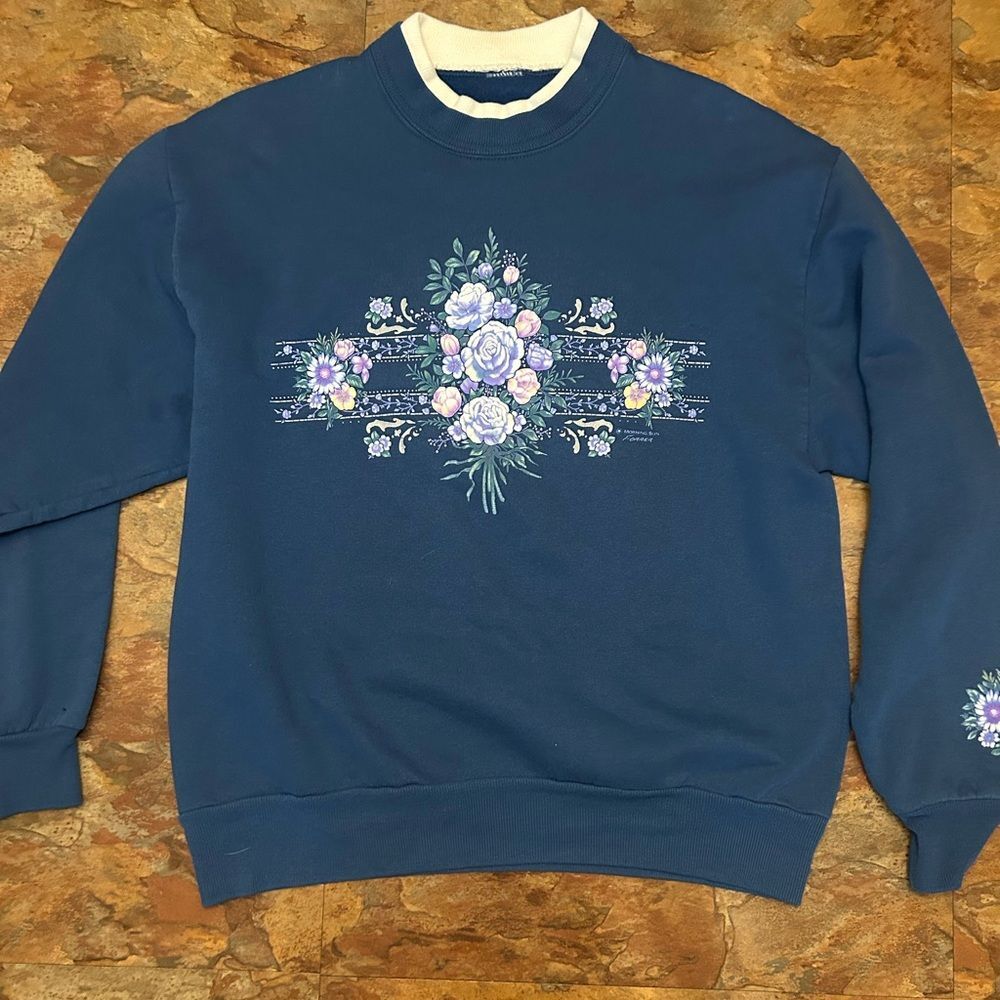 Morning Sun Vintage Sweatshirt XL Blue Floral Double Collar Grandmacore